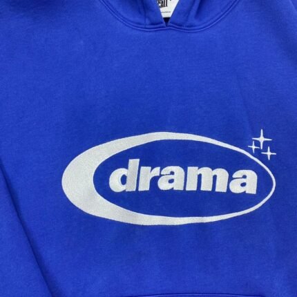 Close-up of Details on Blue Drama Call Hoodie